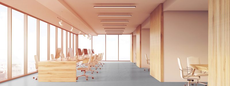 Office with panoramic windows and wooden walls. Office cubicles at background meeting rooms on the right. Concept of office interior.3d rendering toned image