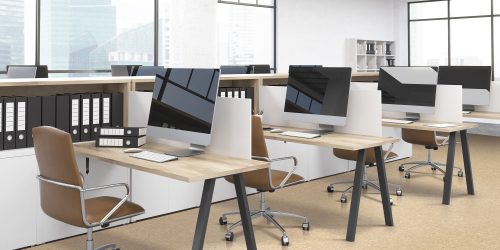 Modern office room with several tables and computers. Big windows. Folders on shelves. Concept of business. 3D render. Mock up.